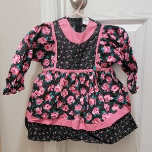 Vintage 80s Pink Black Floral Roses Longsleeve Dress‎ Cotton Baby Girls 3T